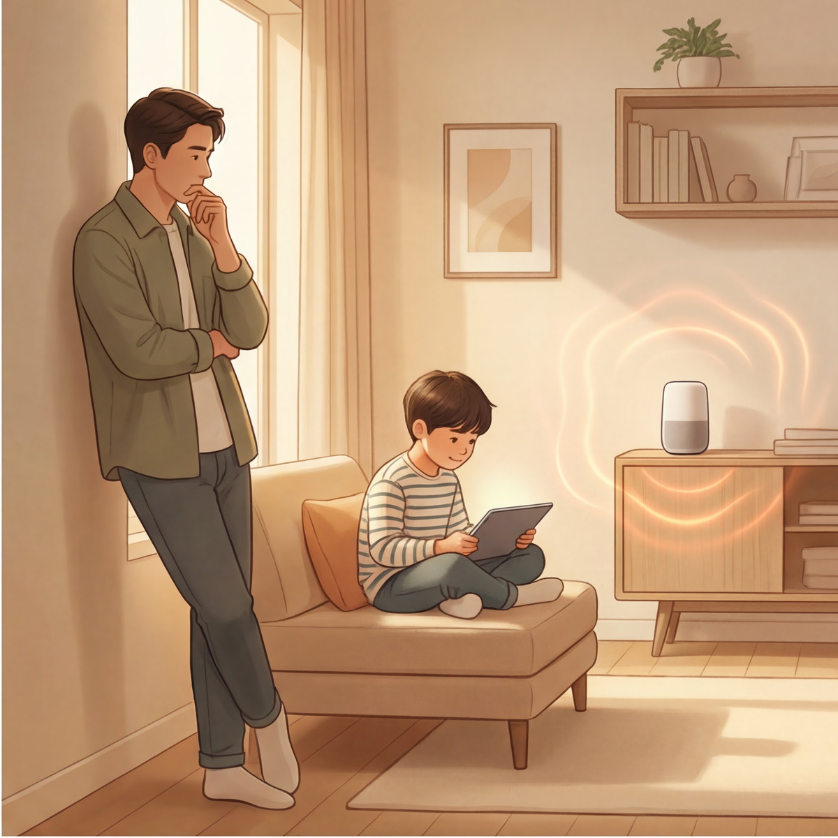 A parent observing their child using a tablet in a calm living room, reflecting the balance between digital convenience and parental guidance in an AI-connected home.
