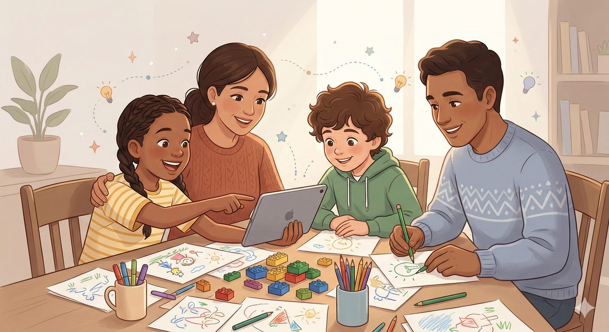 A family working together at a table with a tablet and art supplies, exploring creative AI projects during weekend time.