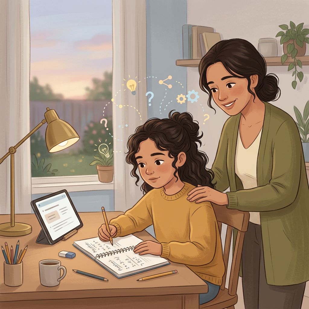 A child working on homework with a notebook and tablet while a parent offers light guidance, howing AI-supported learning at home.
