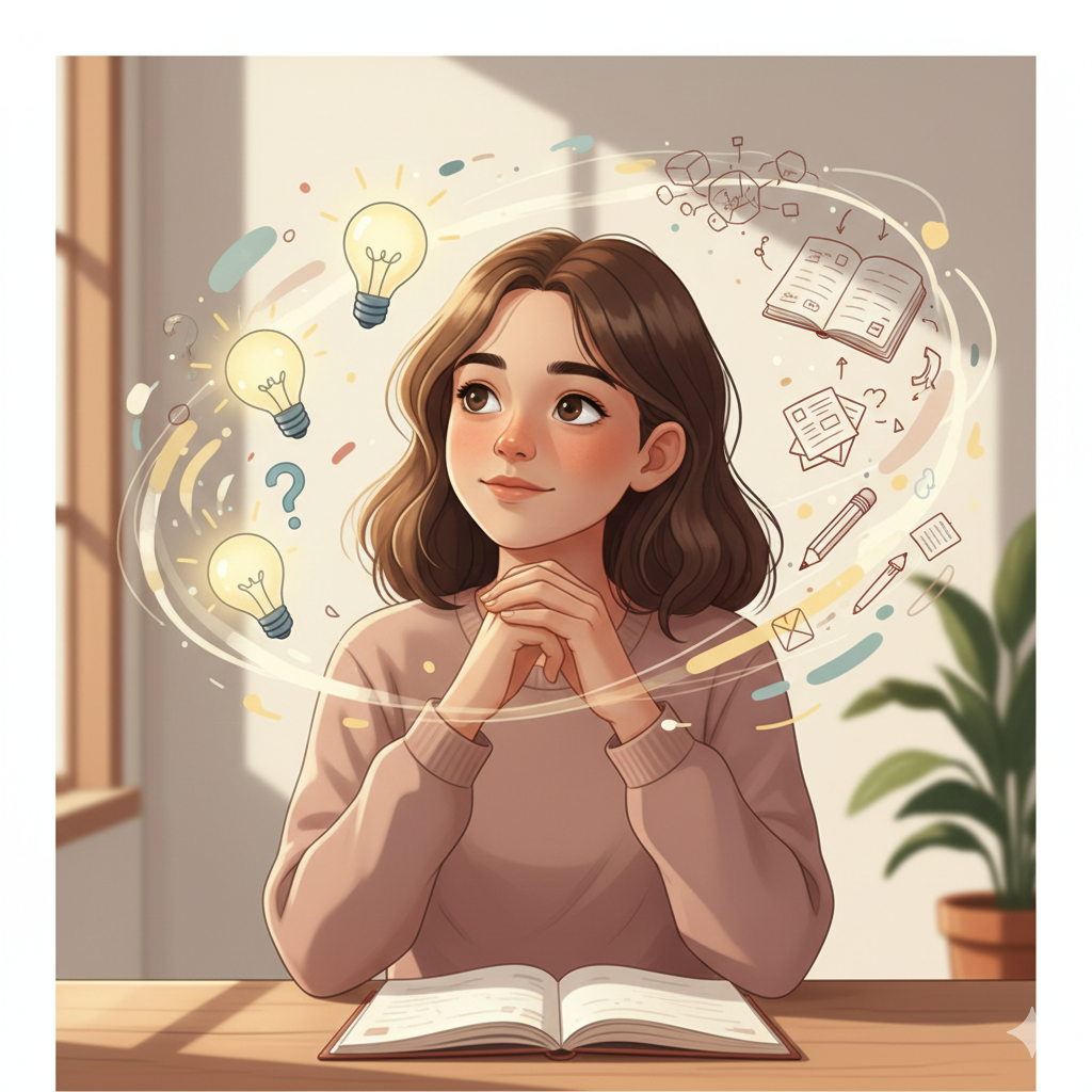 A thoughtful child surrounded by soft glowing symbols representing AI and independent thinking, illustrating the balance between technology and critical thinking skills.