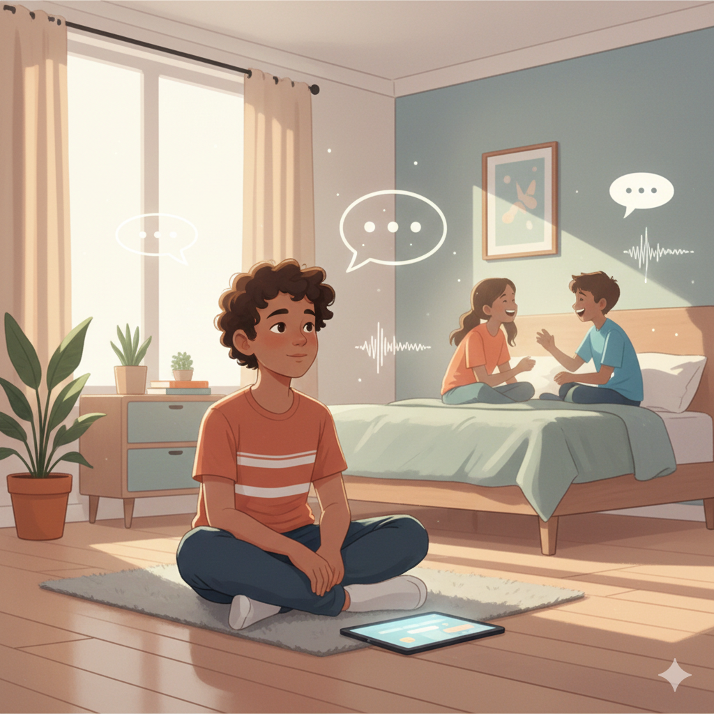 A thoughtful child with a tablet while soft glowing speech bubbles represent AI conversation, contrasted with sibling connections in the background.