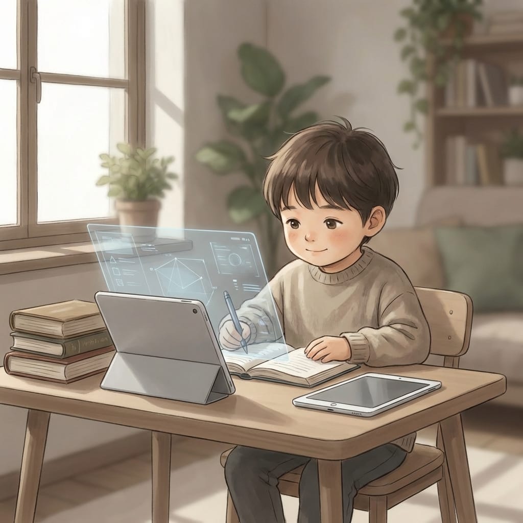 A focused elementary-age child working through a problem on a tablet while sketching notes beside them, illustrating independent thinking in an AI-driven world.