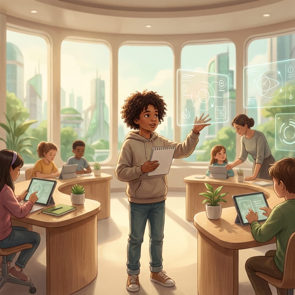 A child in a modern classroom interacting with holographic AI displays while holding a notebook, symbolizing the future of education in an AI-driven world.