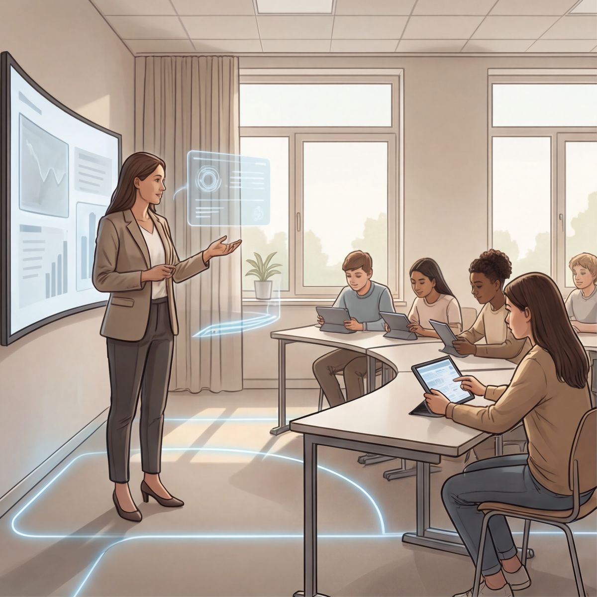 Students using tablets in a modern classroom while a teacher guides discussion, illustrating AI integration in schools and parental oversight concerns.