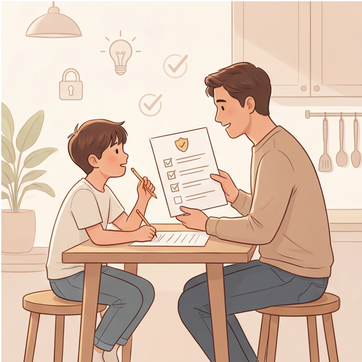 A parent and child reviewing a printed AI safety checklist together in a calm home setting.