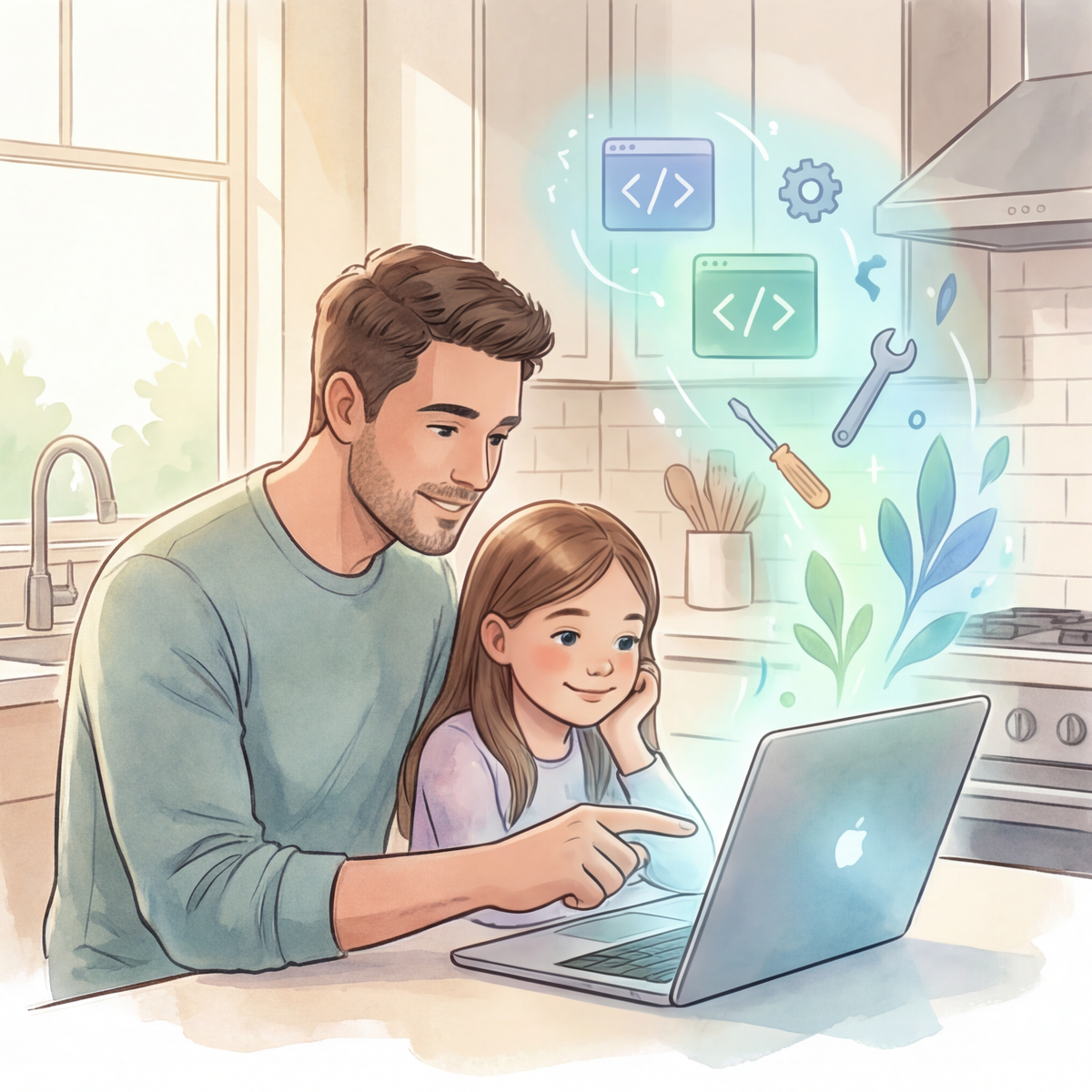 Parent and child reviewing a laptop together while abstract symbols of changing industries and AI tools float softly in the background, representing the future of work.