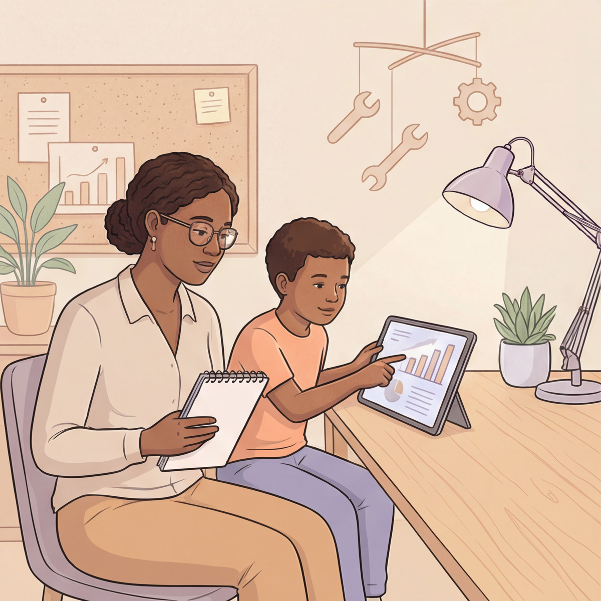 A child and mother discussing different career paths, symbolizing how AI can support human skills rather than replace them.