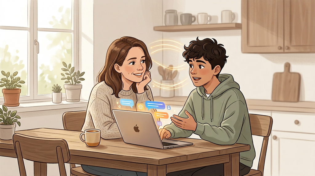 Parent and teen discussing AI usage for homework.