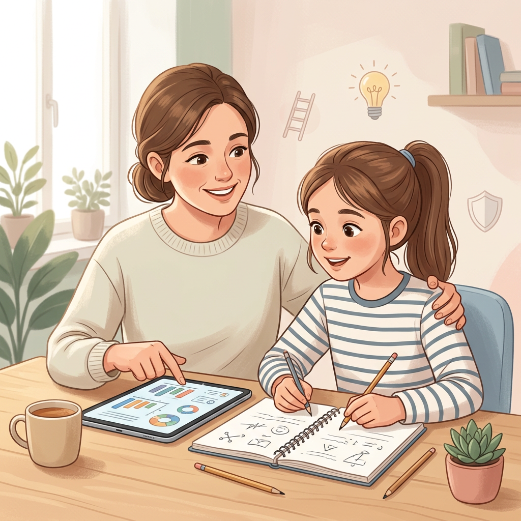 A parent guiding a child while reviewing a tablet and notebook together, representing age-appropriate learning with AI.