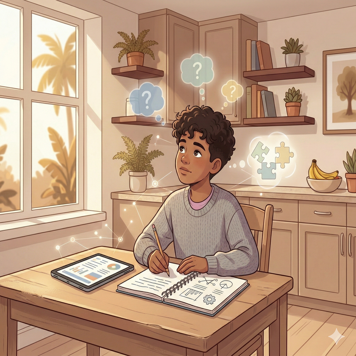 Illustration of a child thoughtfully working on homework at a kitchen table with a tablet nearby, symbolizing AI use and critical thinking.