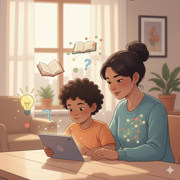 A parent sitting beside their child while they use a tablet, illustrating calm supervision and safe AI use for kids.