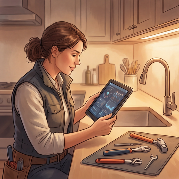 A trades professional repairing plumbing while consulting a tablet for diagnostics, illustrating how AI tools can support hands-on careers rather than replace them.
