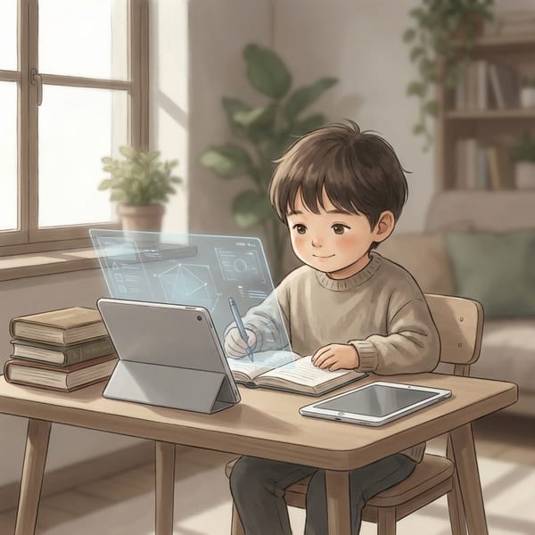 A focused elementary-age child working through a problem on a tablet while sketching notes beside them, illustrating independent thinking in an AI-driven world.