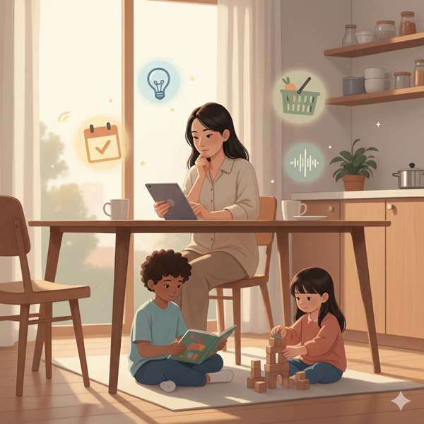 A family at home using a tablet while soft glowing symbols represent AI helping manage daily routines in a calm, supportive way.