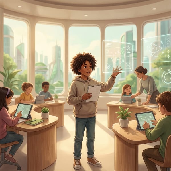 A child in a modern classroom interacting with holographic AI displays while holding a notebook, symbolizing the future of education in an AI-driven world.