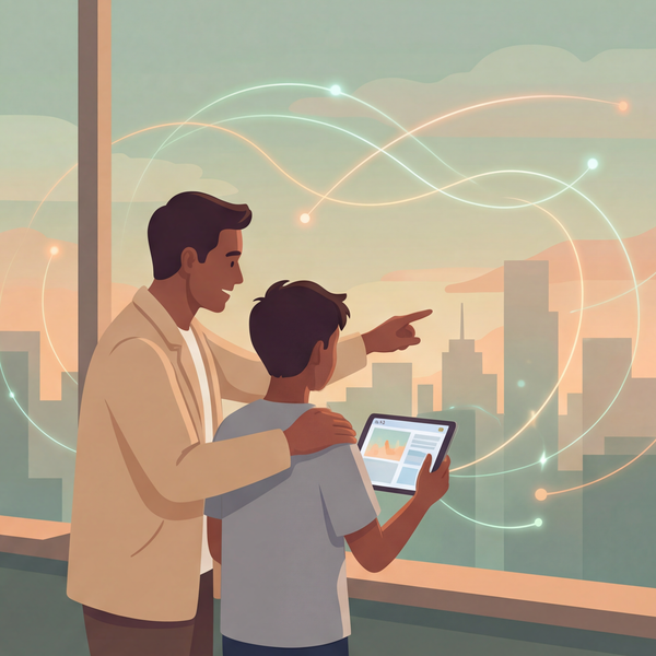 A parent and child looking toward a city skyline while discussing future plans, symbolizing preparation for an AI-driven economy.