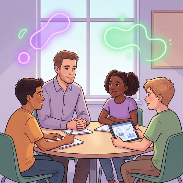 A teacher and students collaborating in a classroom while subtle AI symbols glow in the background, representing human-centered AI in education.