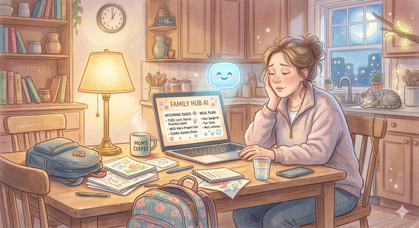 Illustrated parent using an AI assistant on a laptop to help organize family schedules and parenting tasks