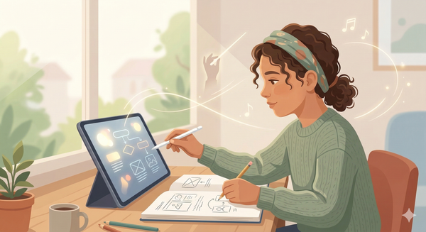 A child directing a tablet while writing ideas in a notebook, actively guiding AI rather than passively using it.